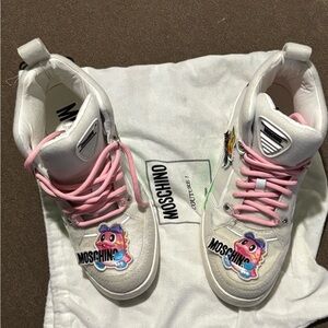 Moschino White Sneakers with Pink Laces